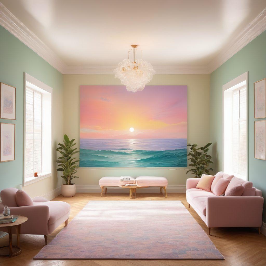 A serene and inviting scene showcasing a cozy room where a therapist is gently guiding a client through hypnosis, surrounded by calming colors and soft lighting. Visual elements like insurance documents and mind maps symbolizing empowerment float in the air, creating an atmosphere of trust and introspection. A subtle representation of the subconscious mind with abstract waves and figures in the background suggests depth and exploration. soft focus. pastel colors. tranquil setting.